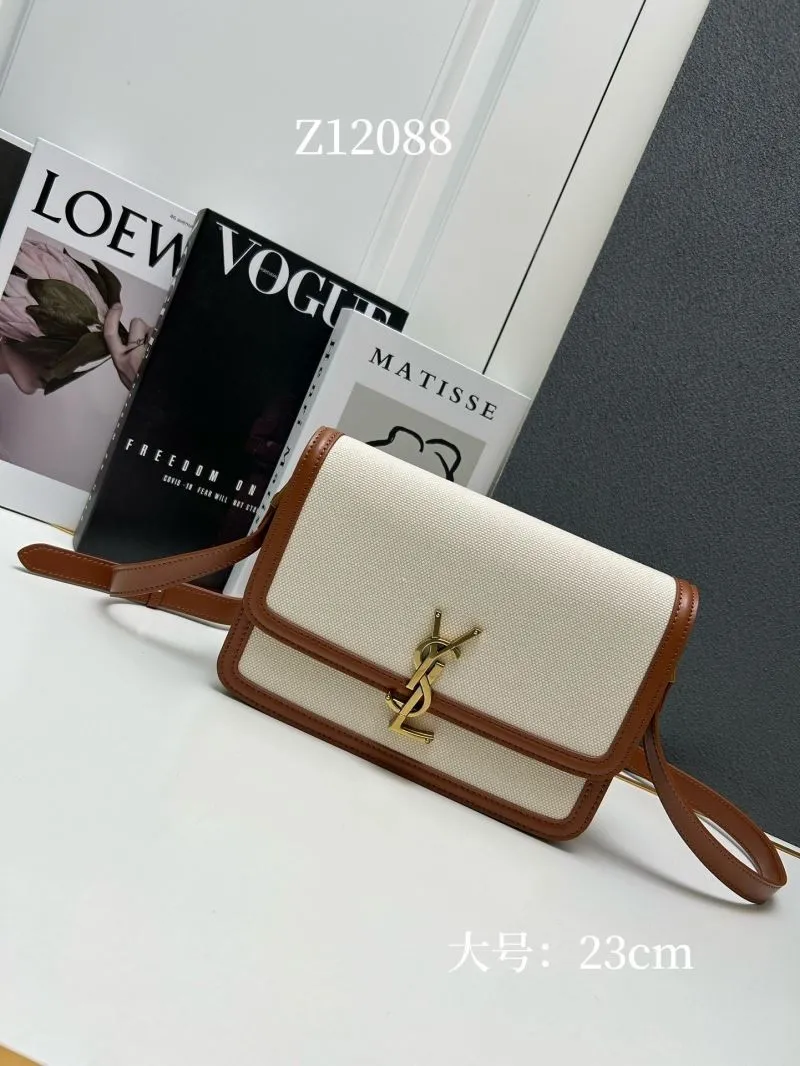 YSL Large Beige Brown Canvas Satchel Bag Z12088