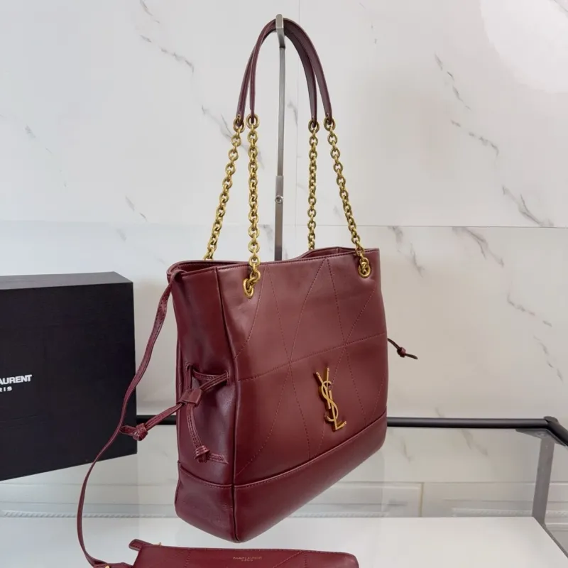 YSL Burgundy Leather Tote Bag with Pouch - Image 3