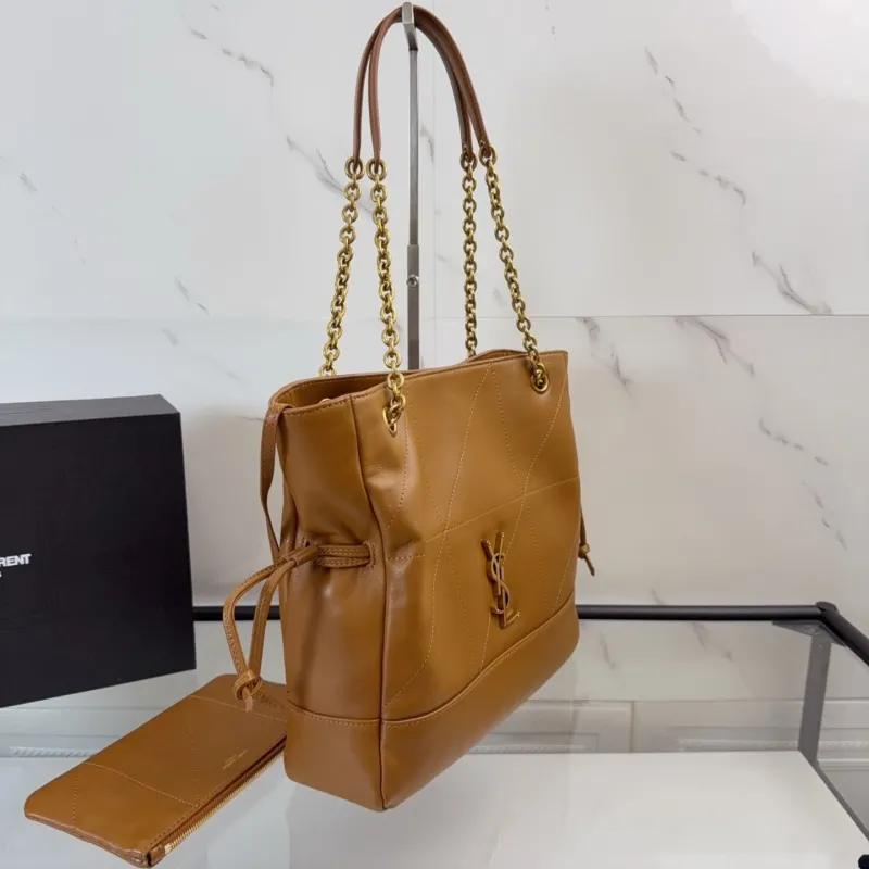 YSL Brown Leather Tote Bag With Pouch - Image 3