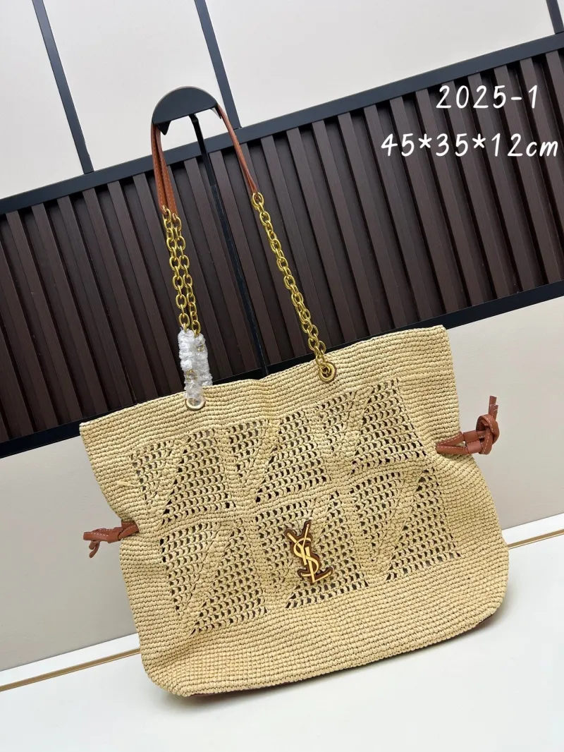 YSL Beige Straw Tote Shoulder Bag