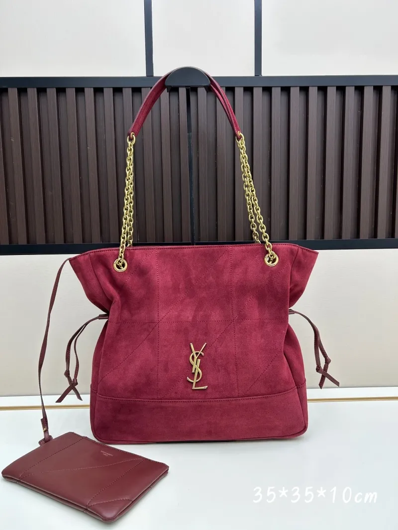 YSL Burgundy Suede Tote Bag with Small Pouch