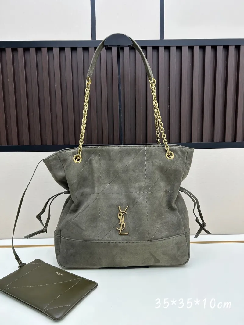 YSL Olive Green Suede Chain Tote Bag 35x35x10cm