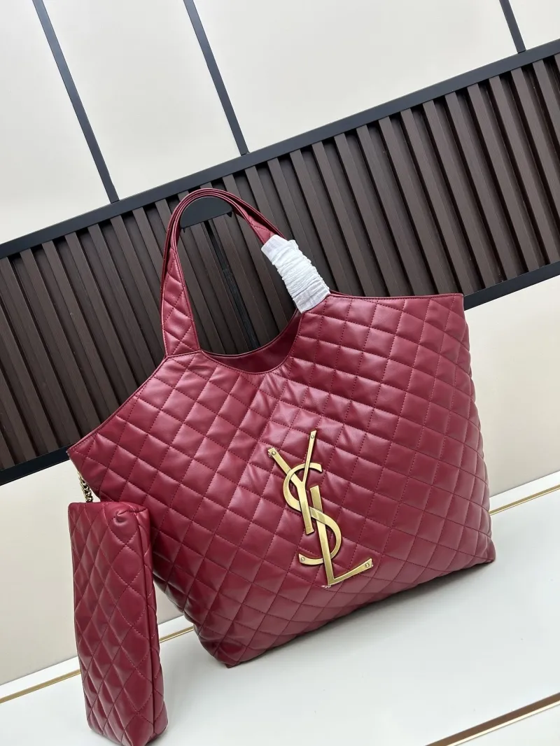 YSL Burgundy Quilted Leather Tote Bag with Pouch