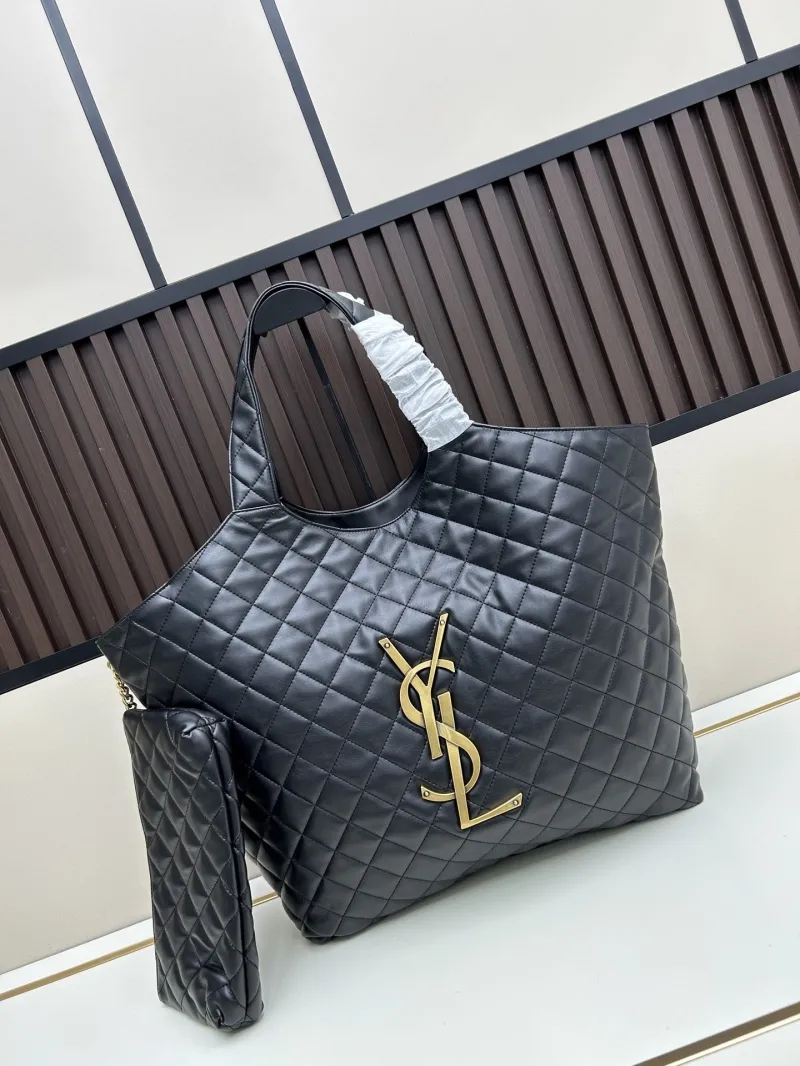 YSL Black Quilted Leather Tote Bag with Pouch