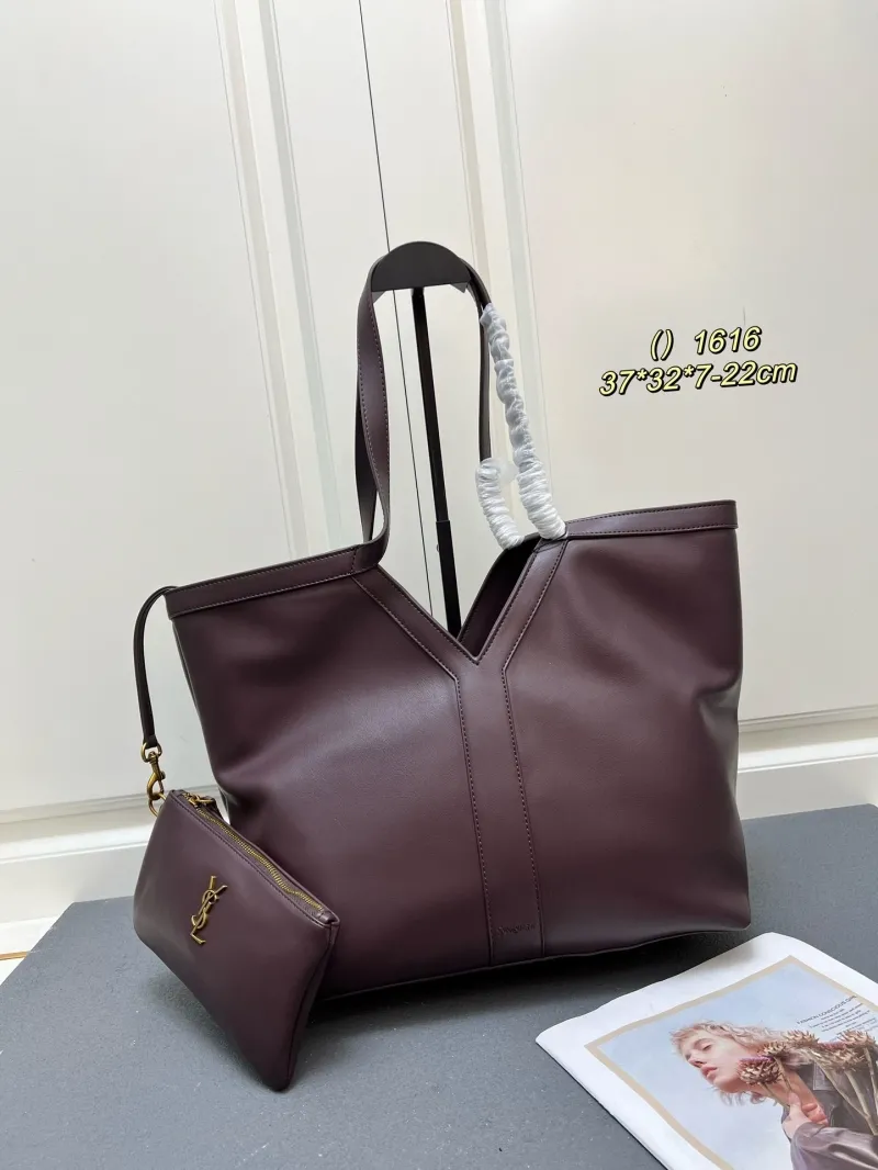 YSL Dark Brown Leather Tote Bag with Pouch Model 1616