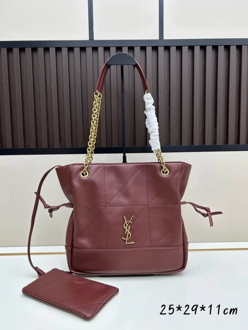 YSL Burgundy Quilted Leather Tote Bag with Mini Pouch