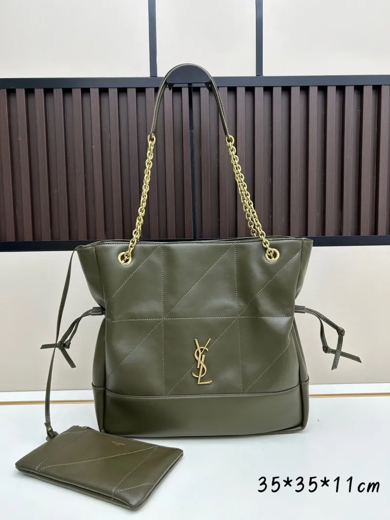 YSL Olive Green Leather Tote Bag with Pouch
