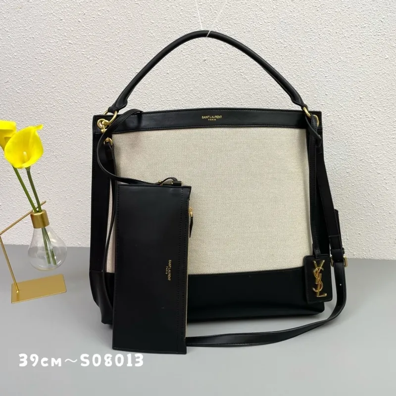 Saint Laurent Black Beige Canvas Tote Bag 39cm with Pouch S08013