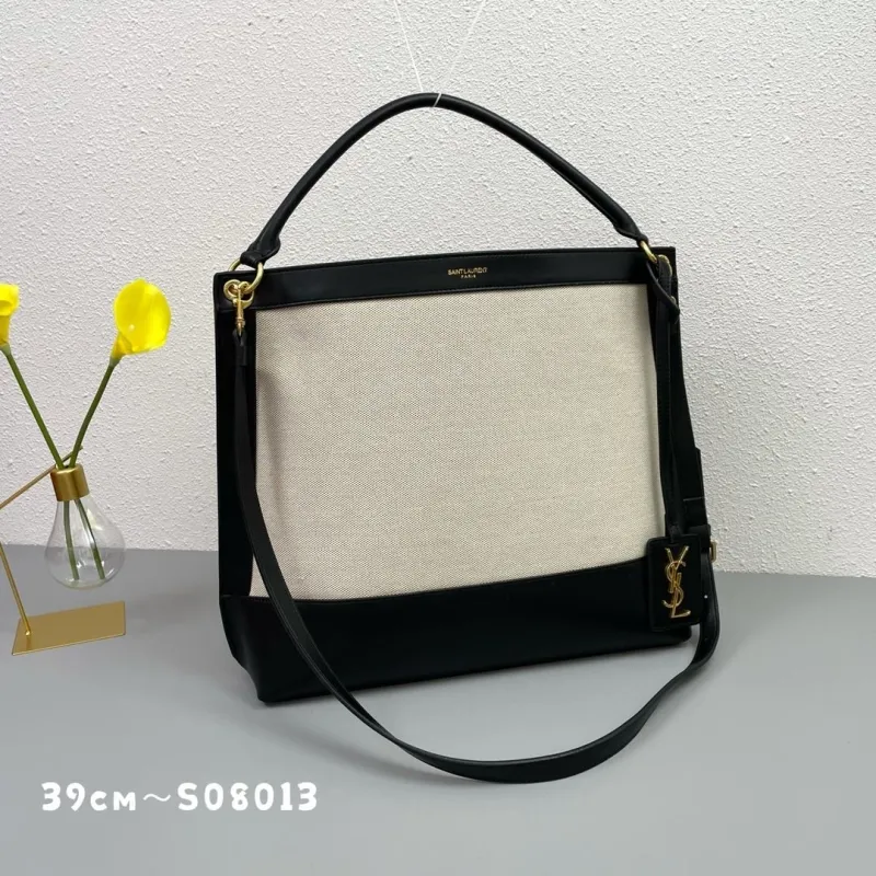 Saint Laurent Black Beige Canvas Tote Bag 39cm with Pouch S08013 - Image 3
