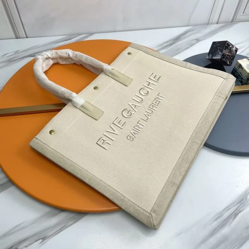 Saint Laurent Rive Gauche Beige Canvas Tote Bag - Image 4