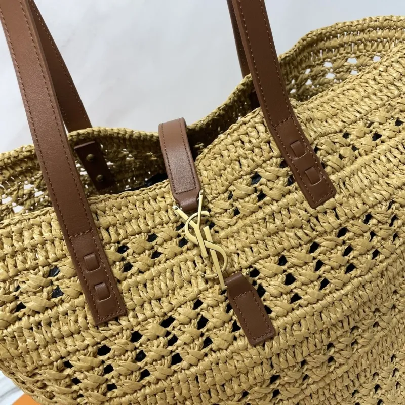 YSL Beige Straw Tote Bag with Brown Leather Straps - Image 3