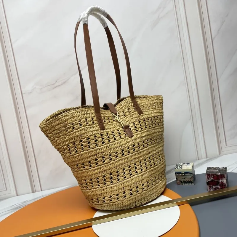 YSL Beige Straw Tote Bag with Brown Leather Straps - Image 4