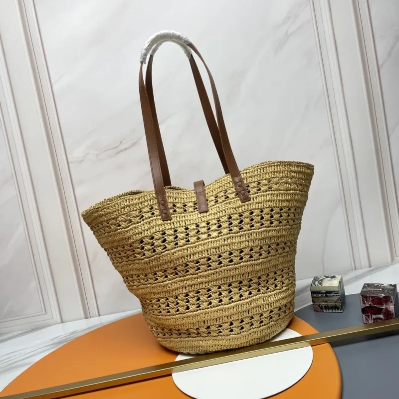 YSL Beige Straw Tote Bag with Brown Leather Straps - Image 5