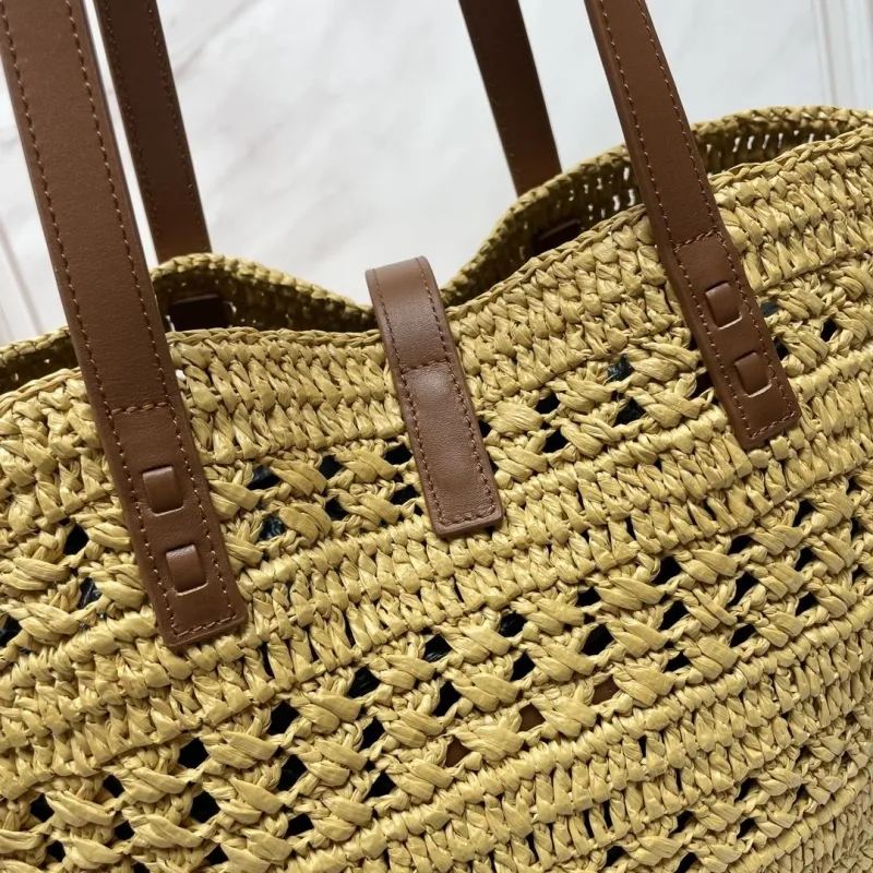 YSL Beige Straw Tote Bag with Brown Leather Straps - Image 6