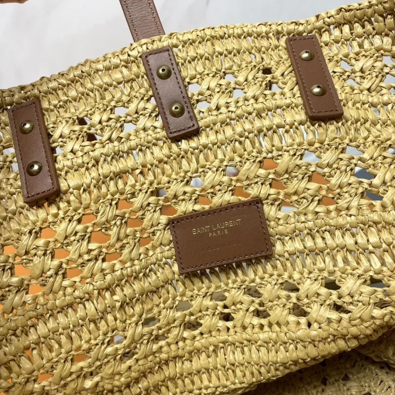 YSL Beige Straw Tote Bag with Brown Leather Straps - Image 8