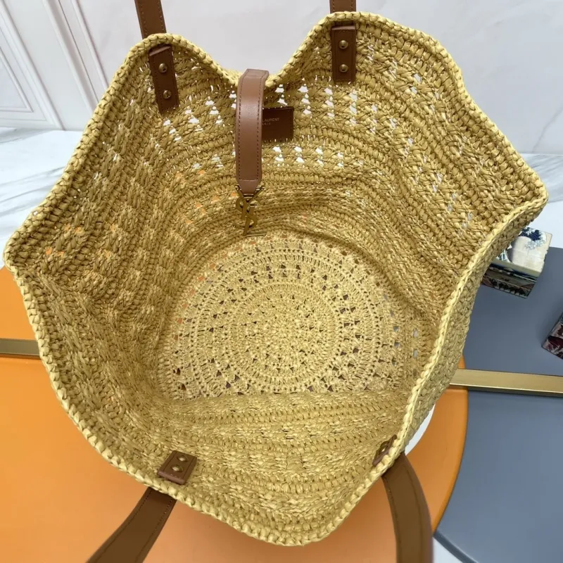 YSL Beige Straw Tote Bag with Brown Leather Straps - Image 9