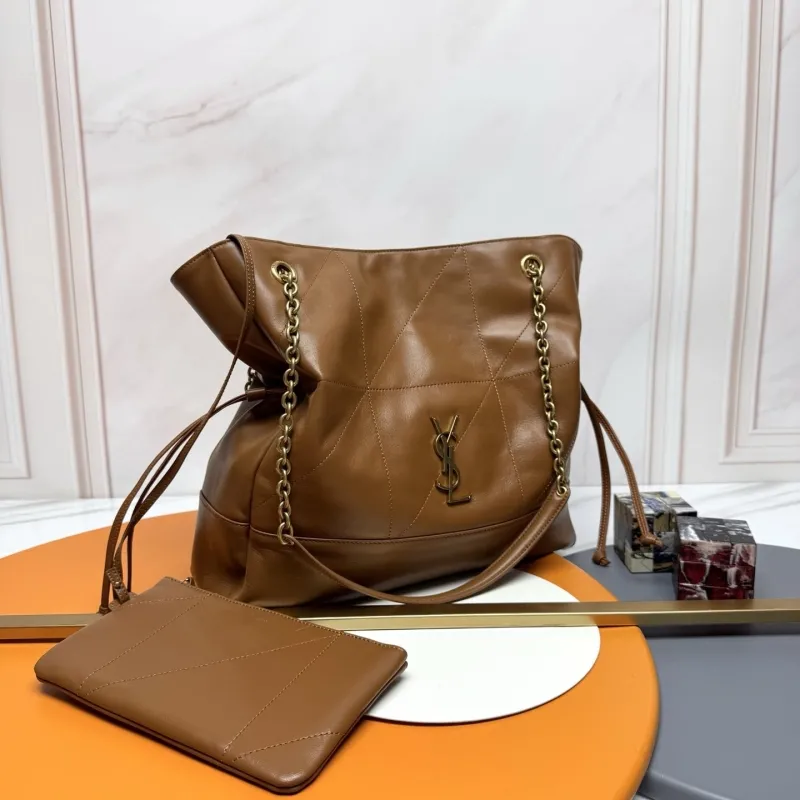 YSL Brown Leather Tote Bag with Small Pouch - Image 3
