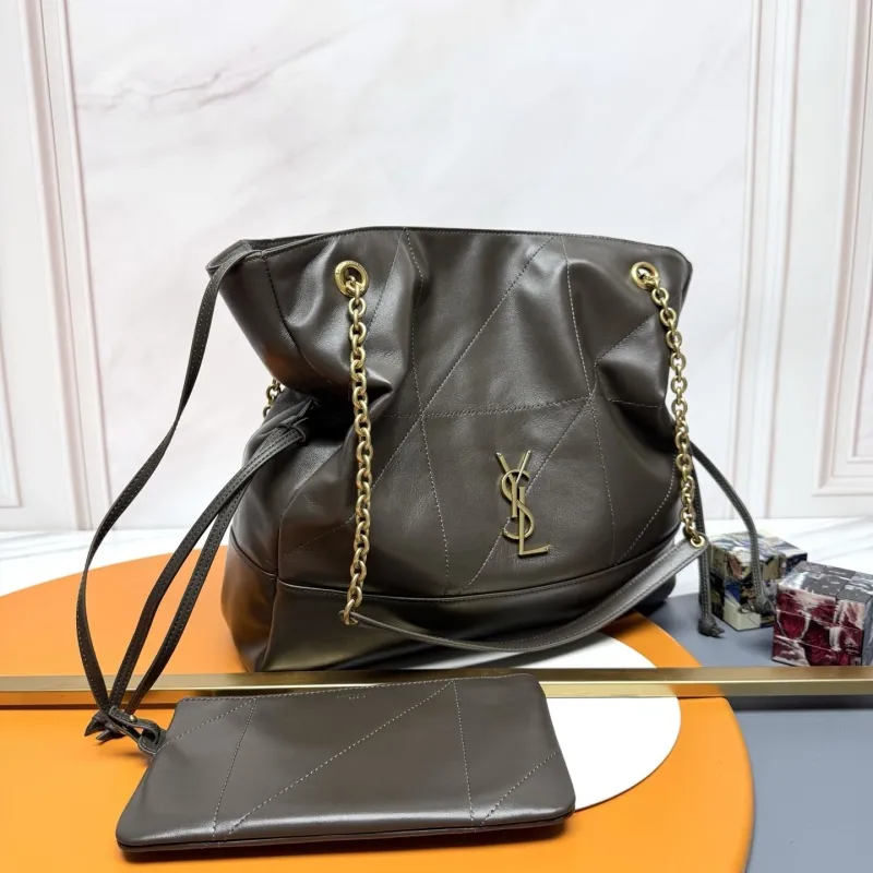 YSL Dark Brown Leather Tote Bag with Small Pouch - Image 3