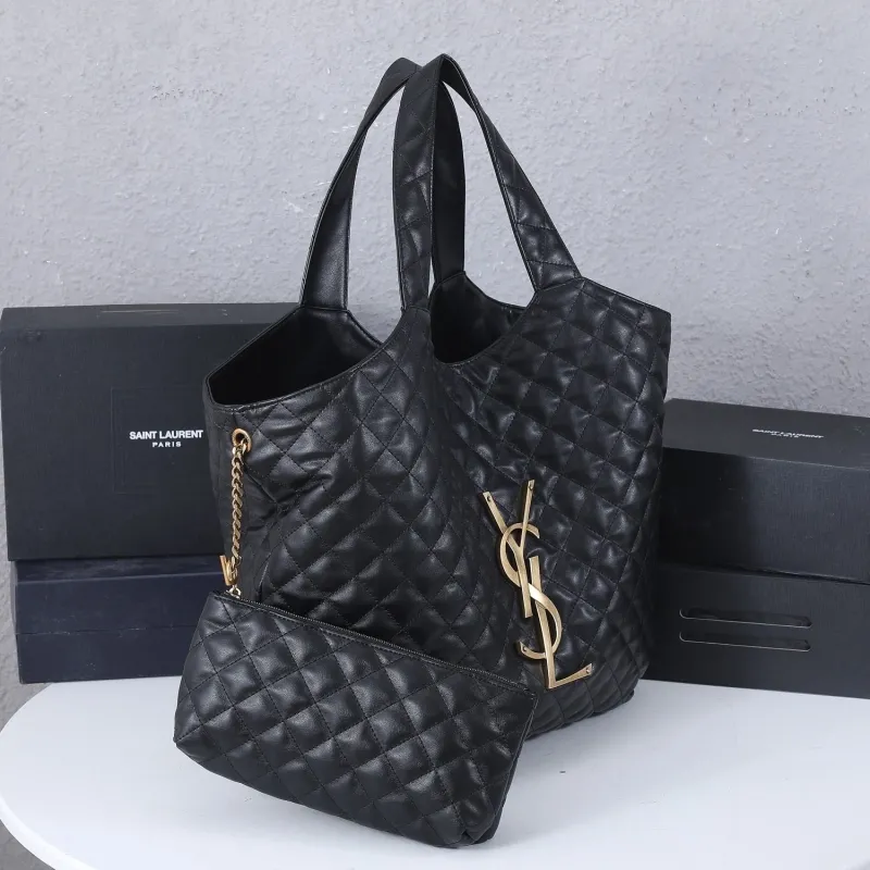 YSL Black Quilted Tote Bag with Pouch - Image 3