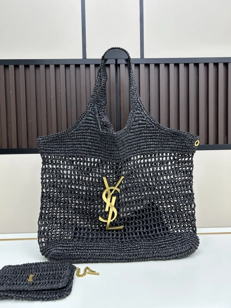 YSL Black Woven Straw Tote Bag with Pouch
