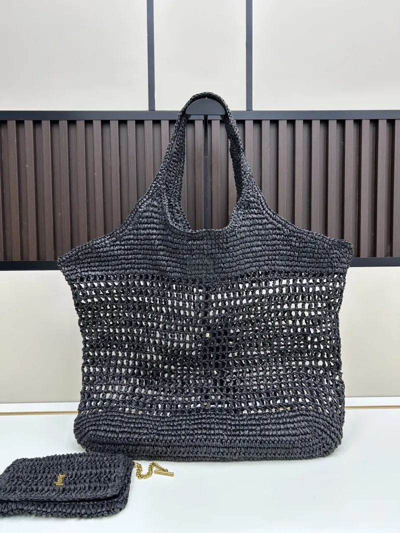 Alternative view of YSL Black Woven Straw Tote Bag with Pouch