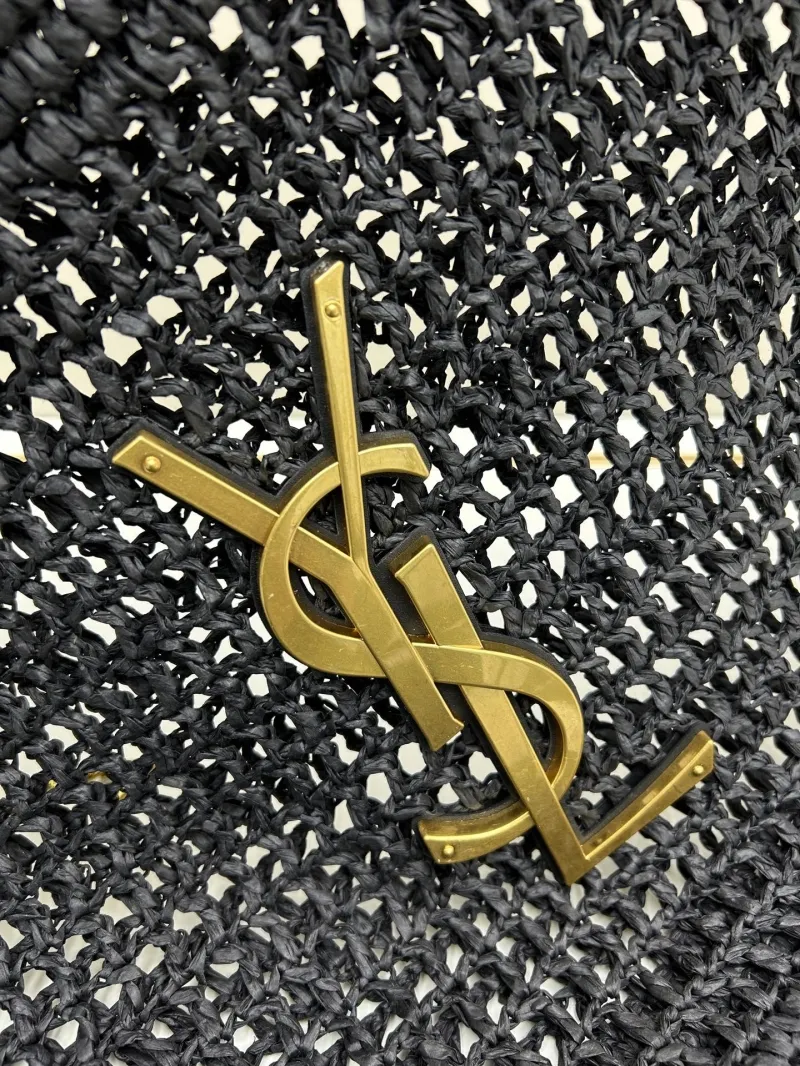 YSL Black Woven Straw Tote Bag with Pouch - Image 3
