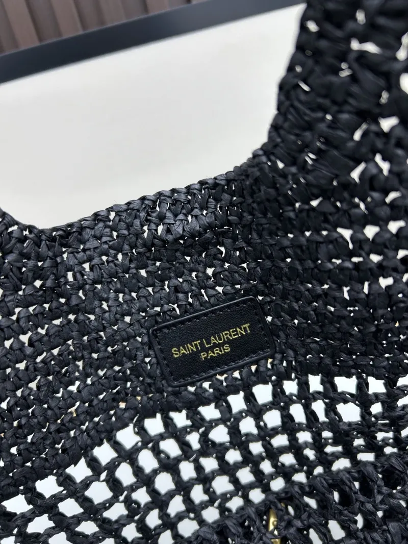 YSL Black Woven Straw Tote Bag with Pouch - Image 8