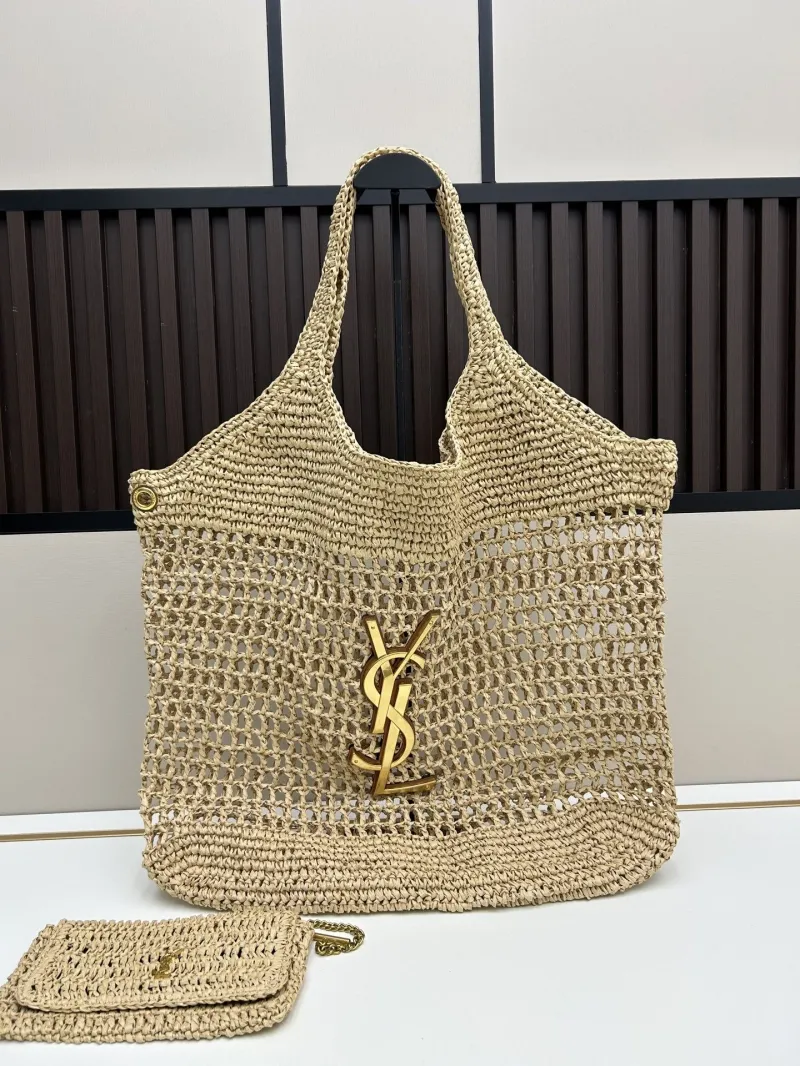 YSL Beige Woven Straw Tote Bag with Pouch