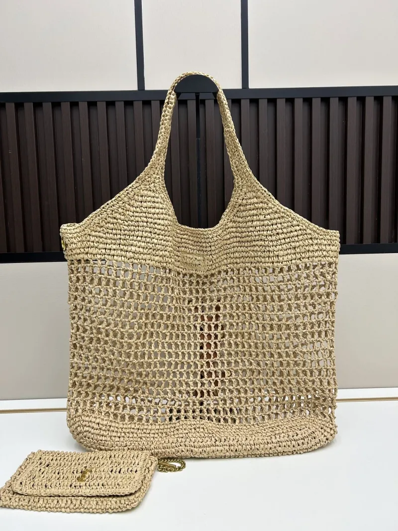 Alternative view of YSL Beige Woven Straw Tote Bag with Pouch