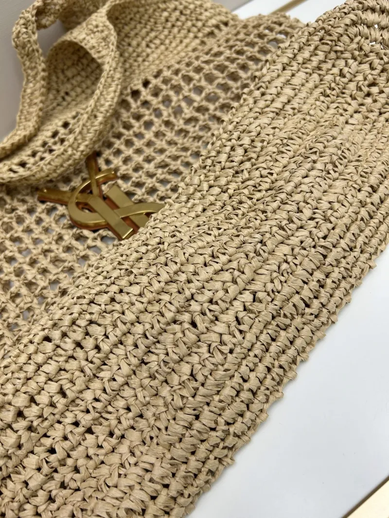 YSL Beige Woven Straw Tote Bag with Pouch - Image 5