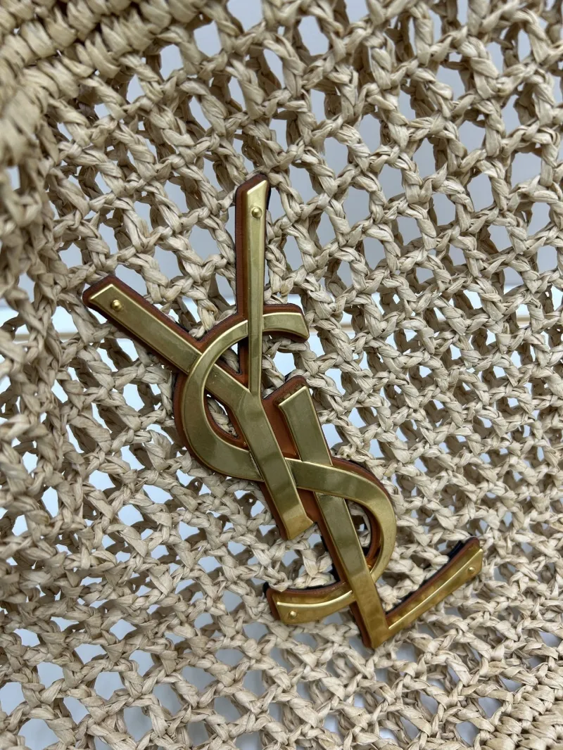 YSL Beige Straw Tote Bag with Small Pouch - Image 3