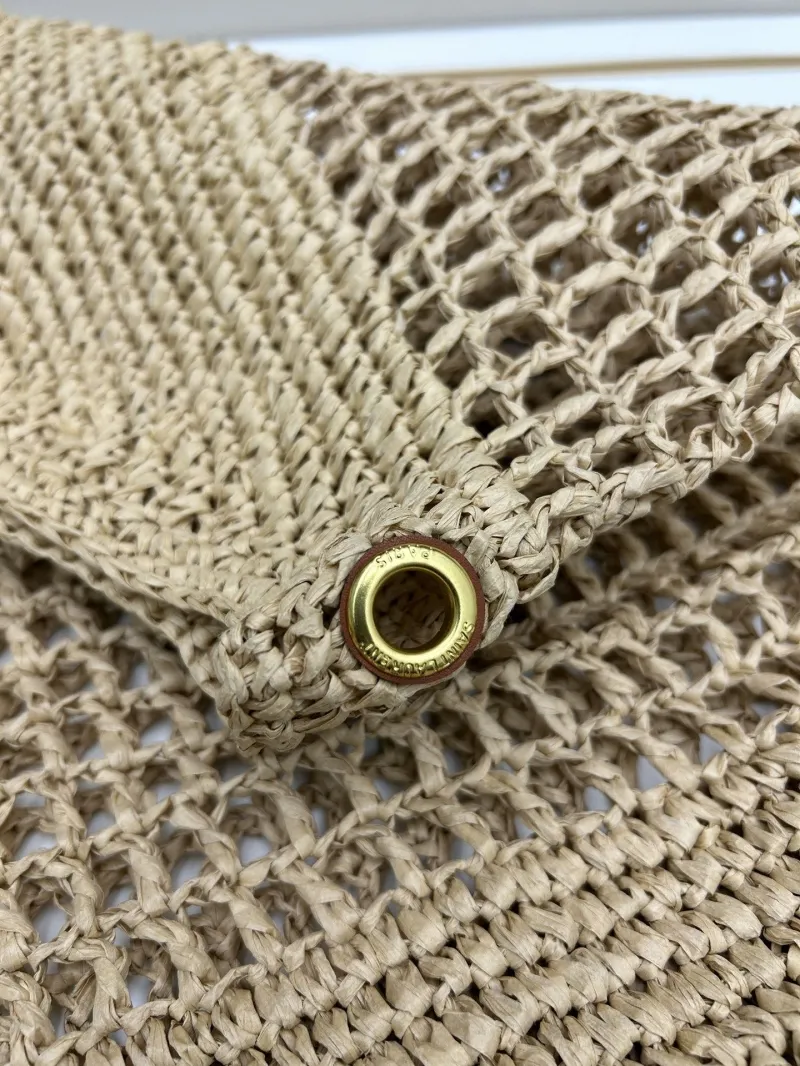 YSL Beige Straw Tote Bag with Small Pouch - Image 4