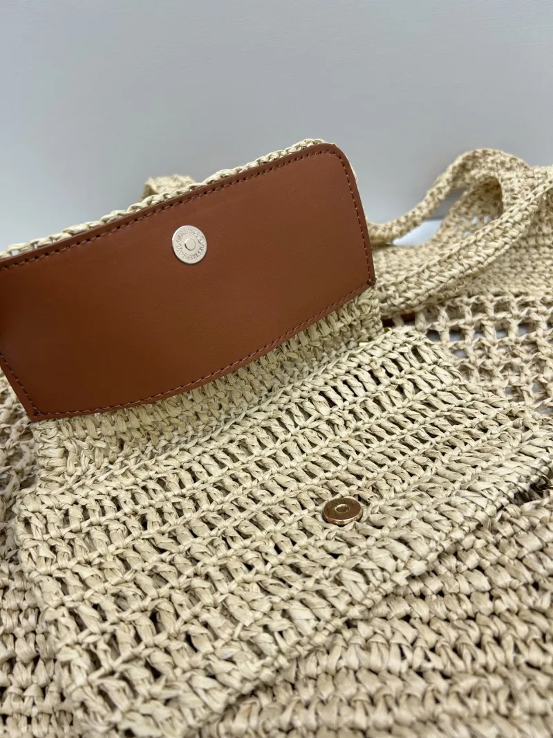YSL Beige Straw Tote Bag with Small Pouch - Image 6