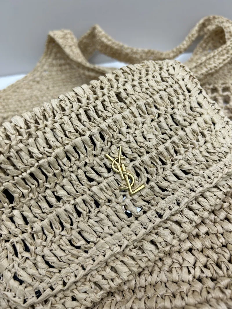 YSL Beige Straw Tote Bag with Small Pouch - Image 7