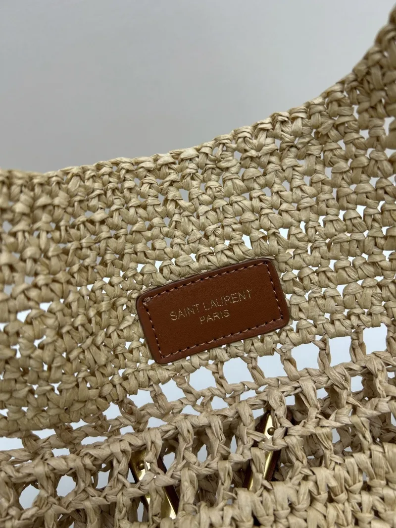 YSL Beige Straw Tote Bag with Small Pouch - Image 8