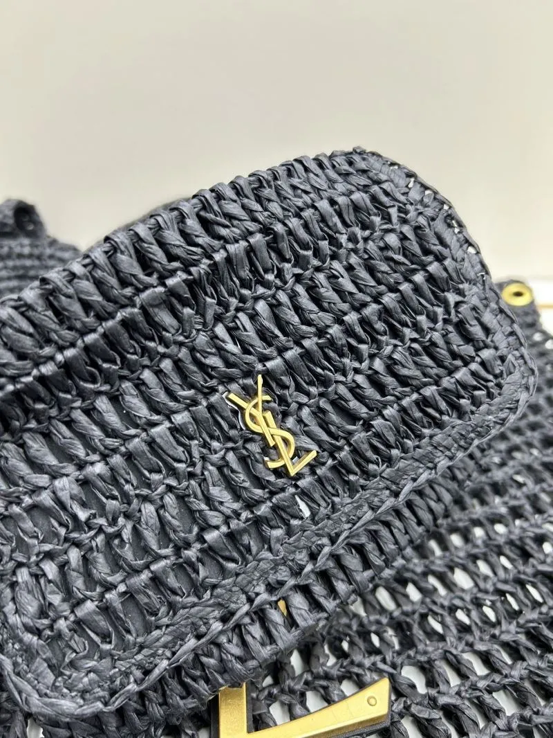 YSL Black Straw Tote Bag with Mini Pouch - Image 6