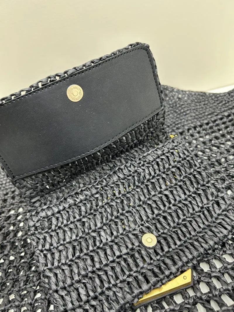 YSL Black Straw Tote Bag with Mini Pouch - Image 7