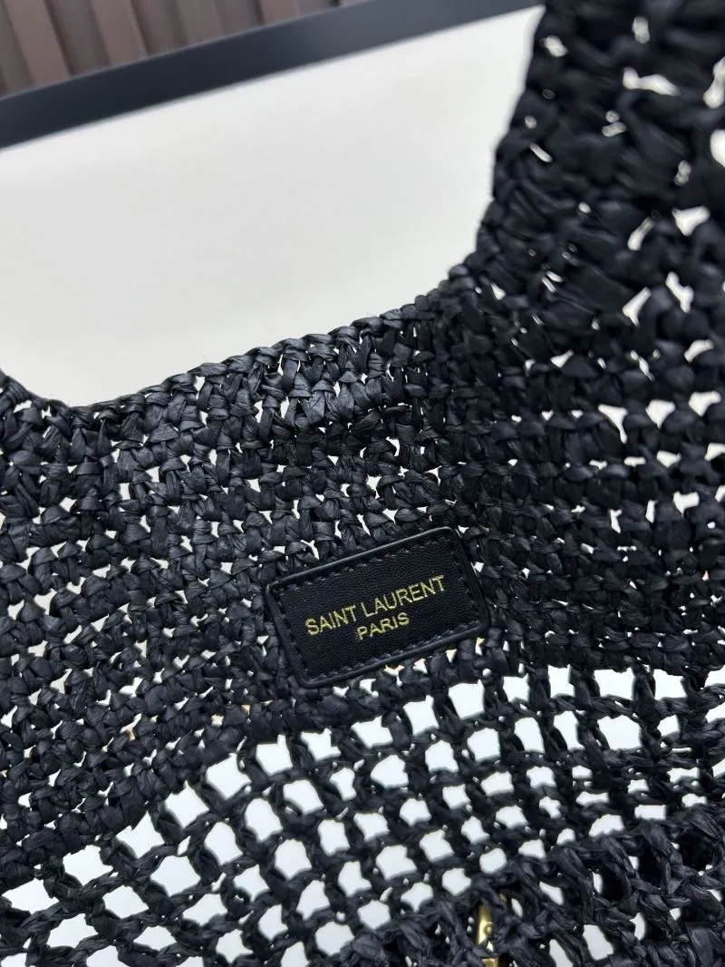 YSL Black Straw Tote Bag with Mini Pouch - Image 8