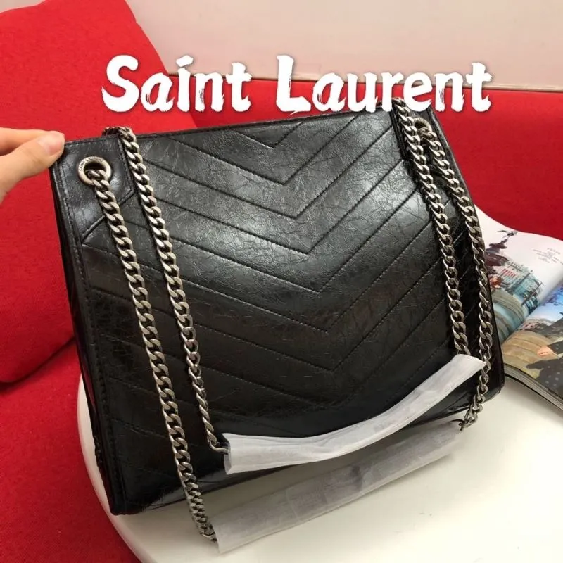 Saint Laurent Black Leather Chain Tote Bag - Image 3