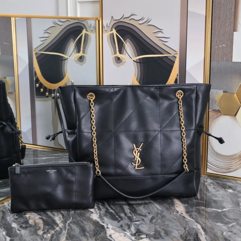 YSL Black Leather Tote Bag with Pouch