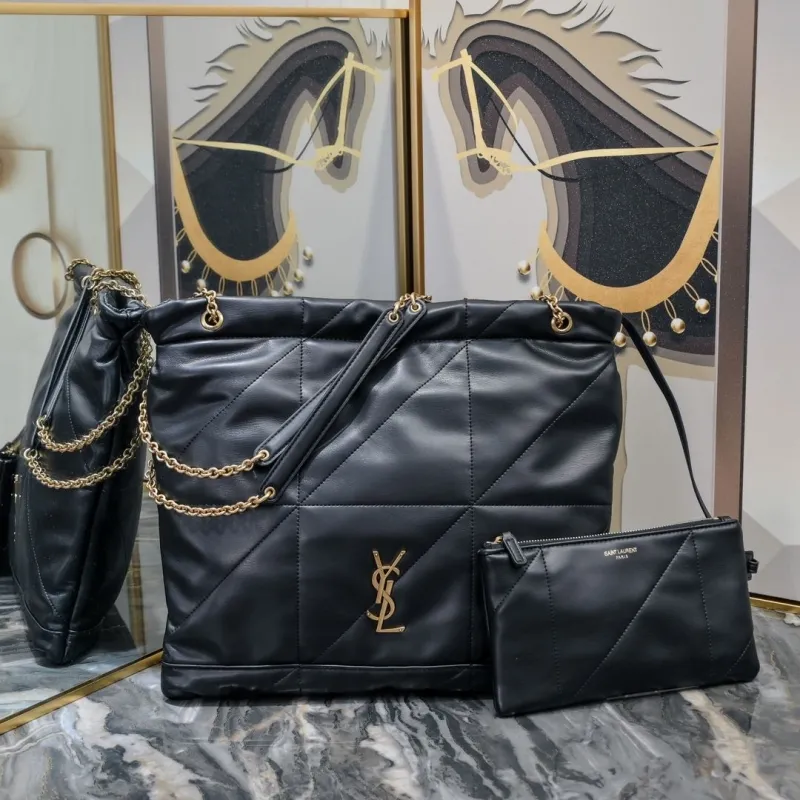 YSL Black Leather Chain Tote Bag