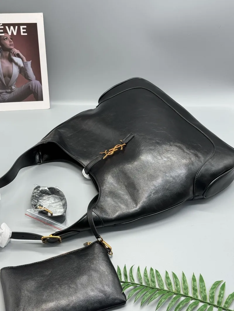 YSL Large Black Leather Hobo Shoulder Bag - Image 6