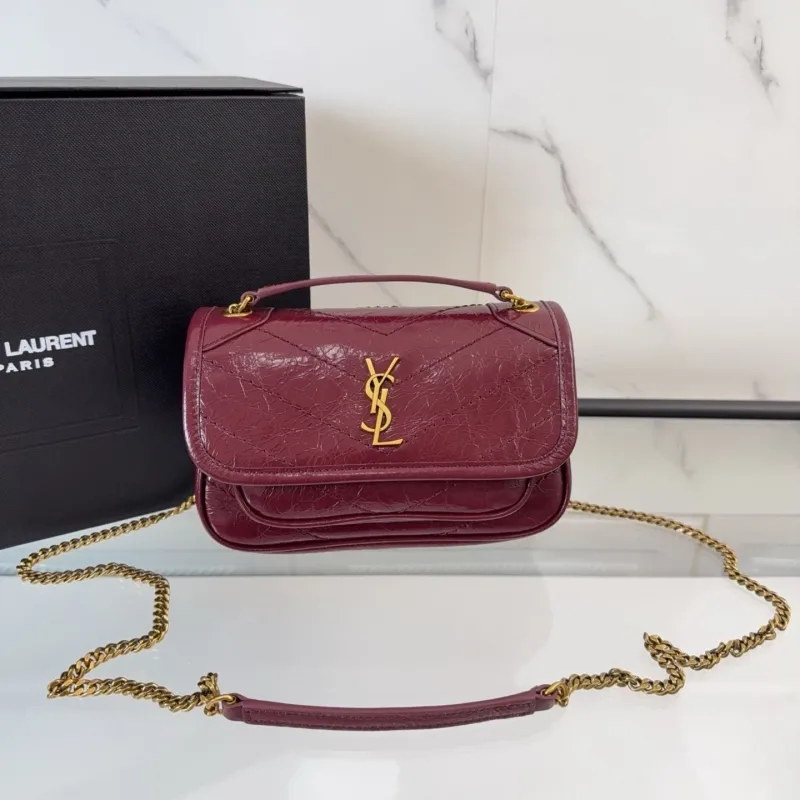 YSL Burgundy Leather Chain Shoulder Bag - Image 9