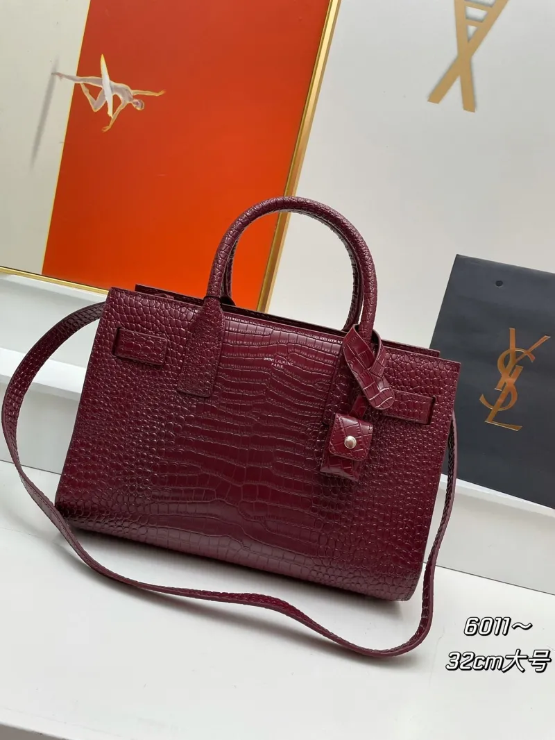 YSL 6011 Burgundy Crocodile Embossed Large Top Handle Bag
