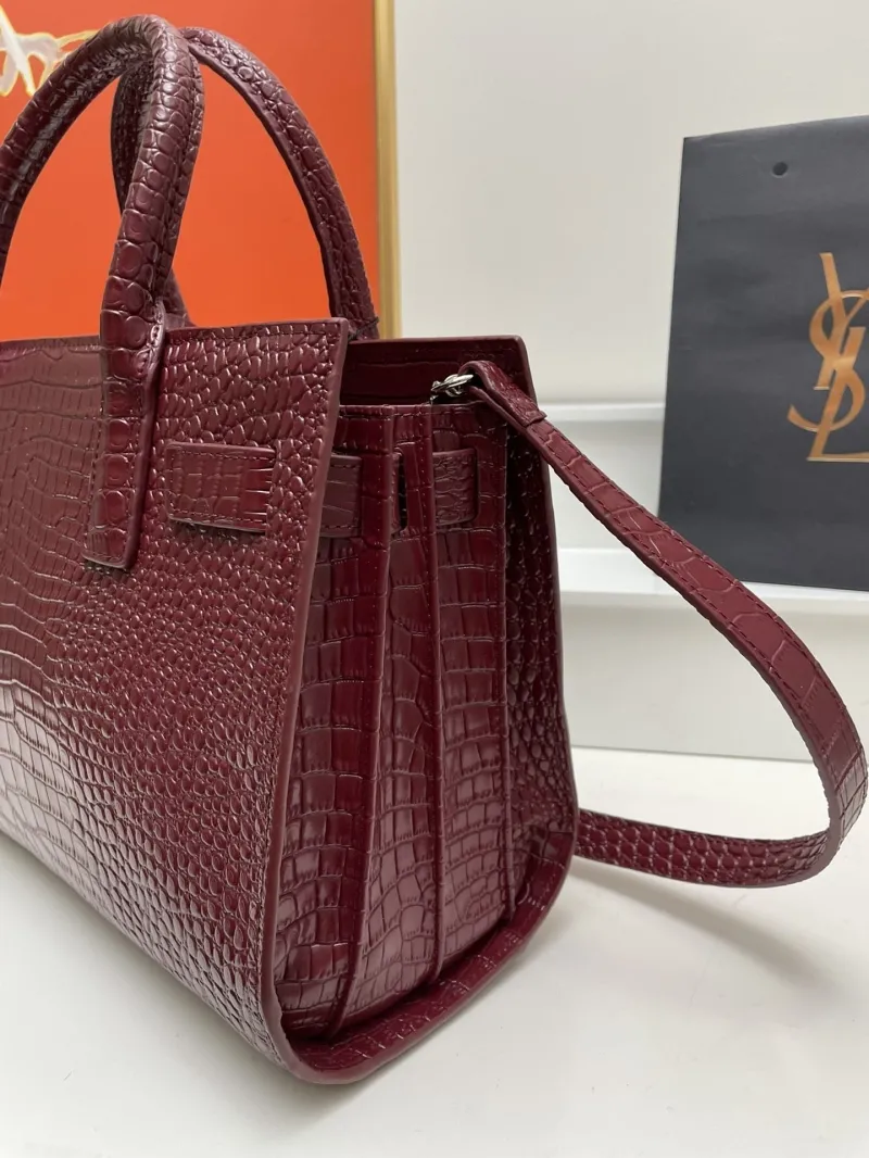 YSL 6011 Burgundy Crocodile Embossed Large Top Handle Bag - Image 3