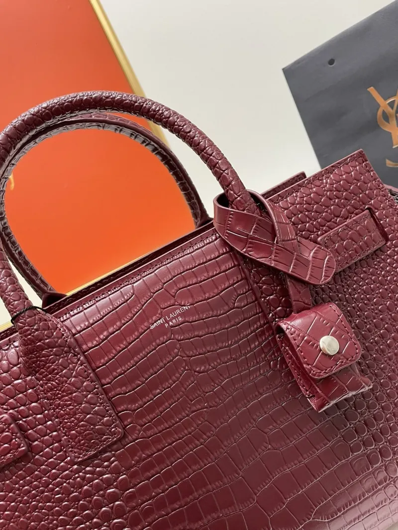 YSL 6011 Burgundy Crocodile Embossed Large Top Handle Bag - Image 4