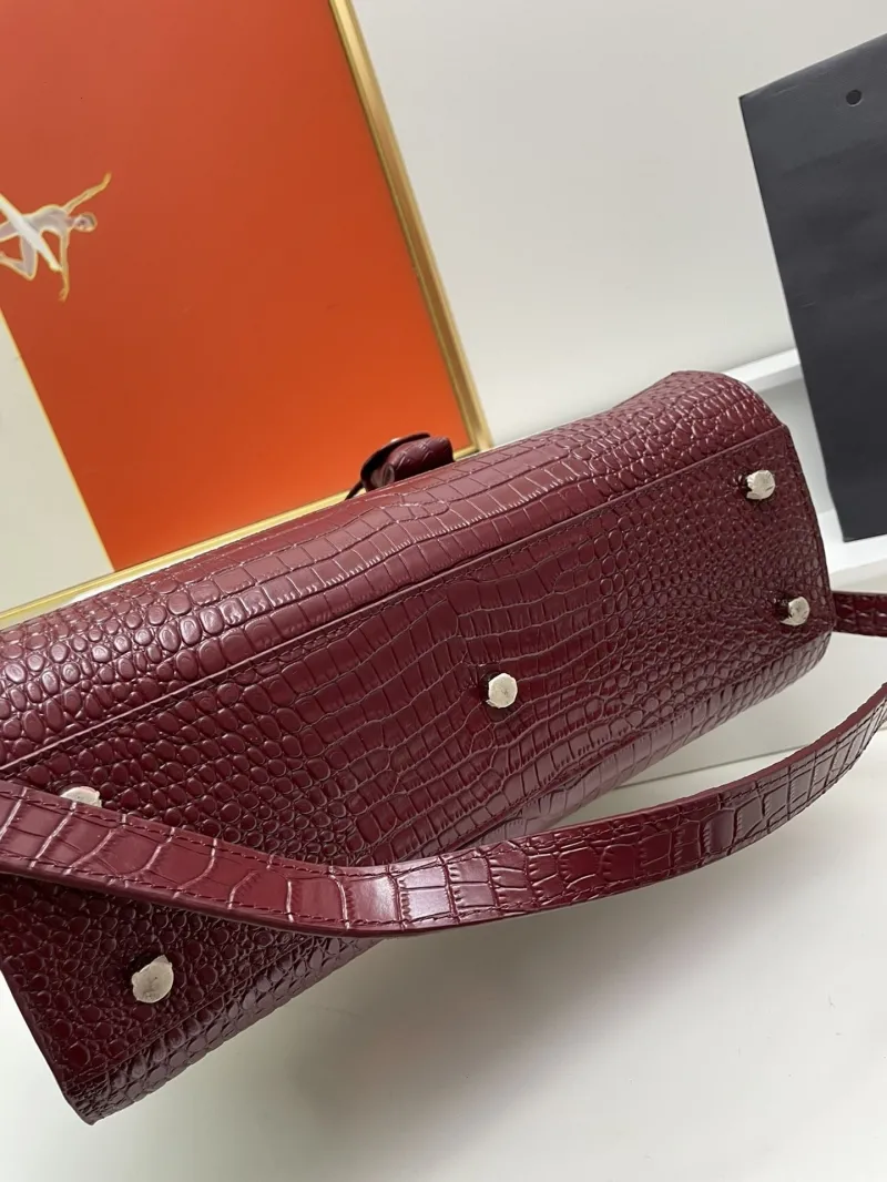 YSL 6011 Burgundy Crocodile Embossed Large Top Handle Bag - Image 5