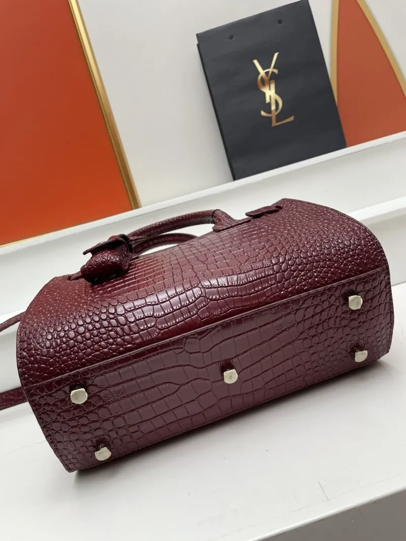 YSL Burgundy Croc Embossed Small Top Handle Bag - Image 6