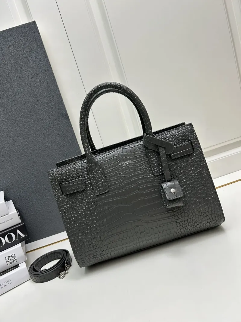 YSL Croc Embossed Dark Gray Top Handle Bag