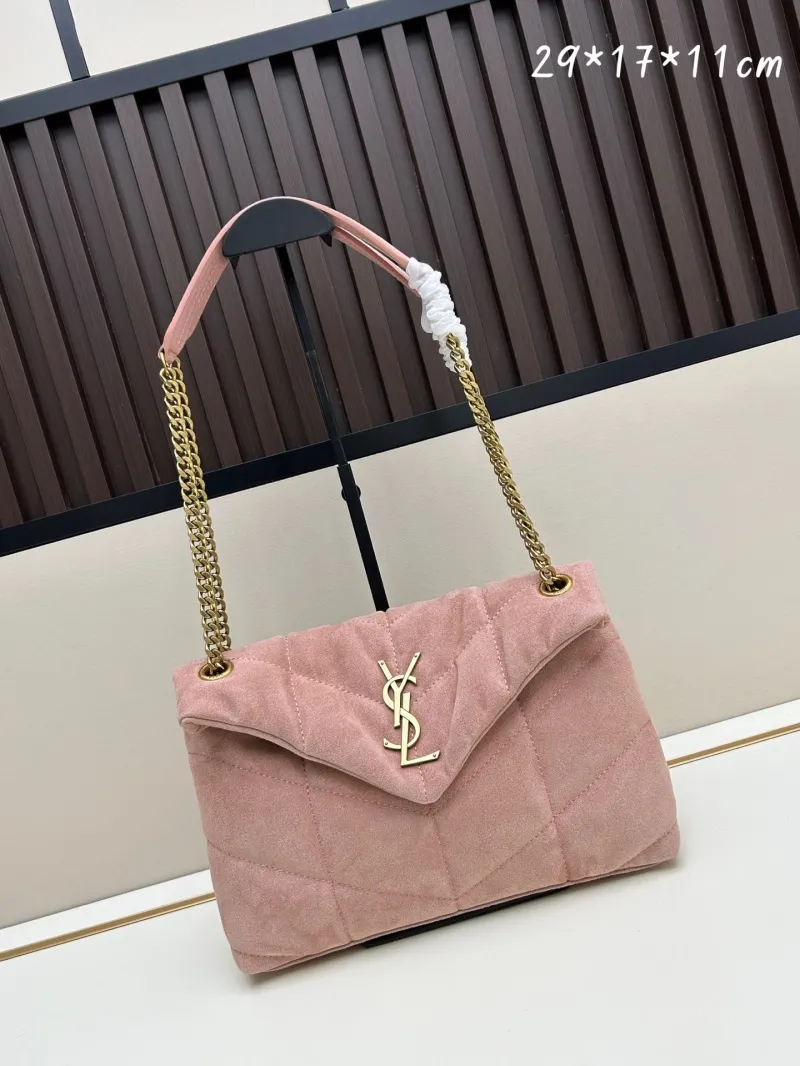 YSL Pink Suede Quilted Chain Shoulder Bag